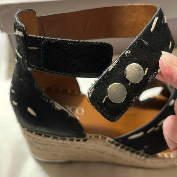 Franco Sarto Carma Black White Pony Calfhair Leather Wedge Sandals - Picture 5 of 13